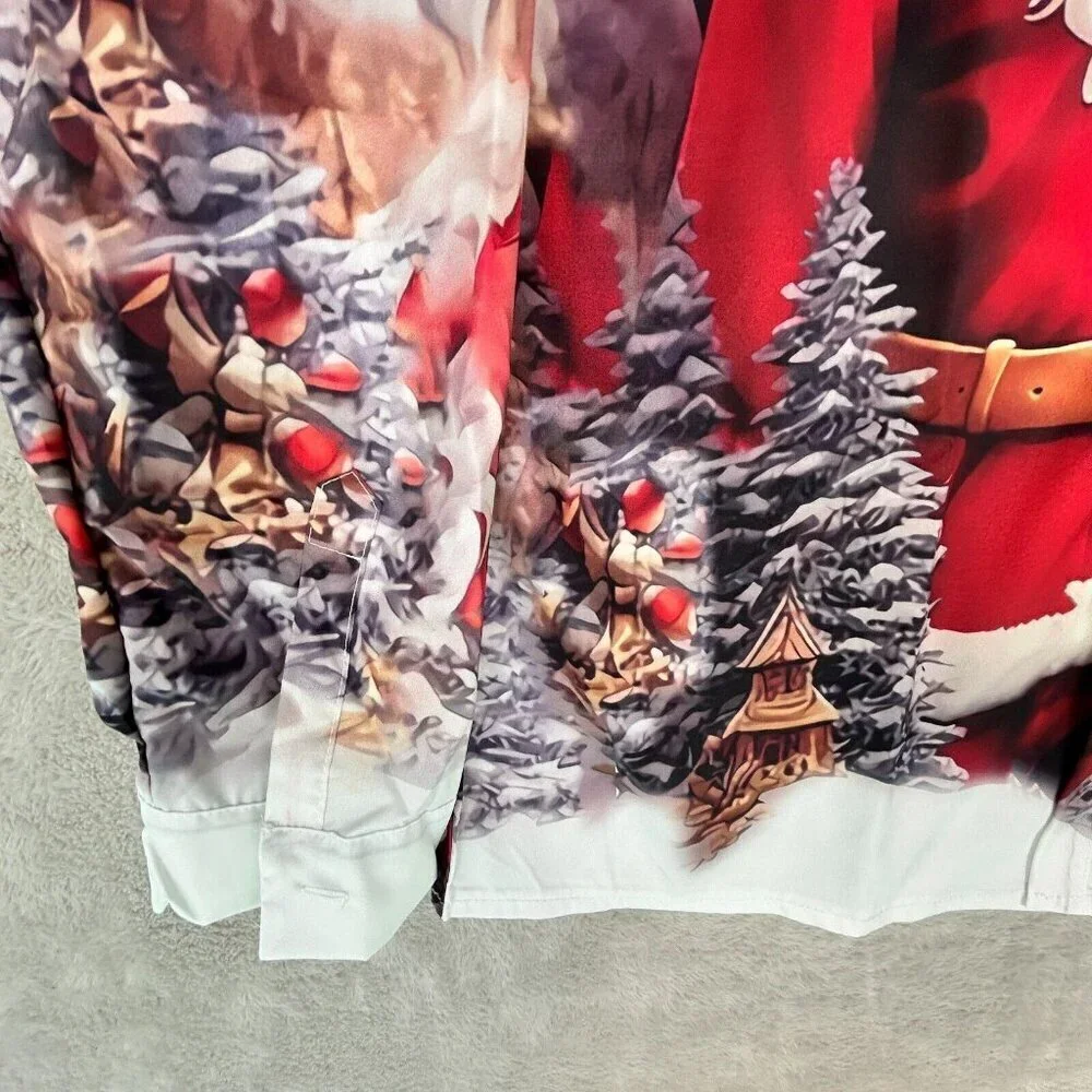 Santa Christmas Printed Polyester Long Sleeve Shirt Mens 3XL Holiday Party